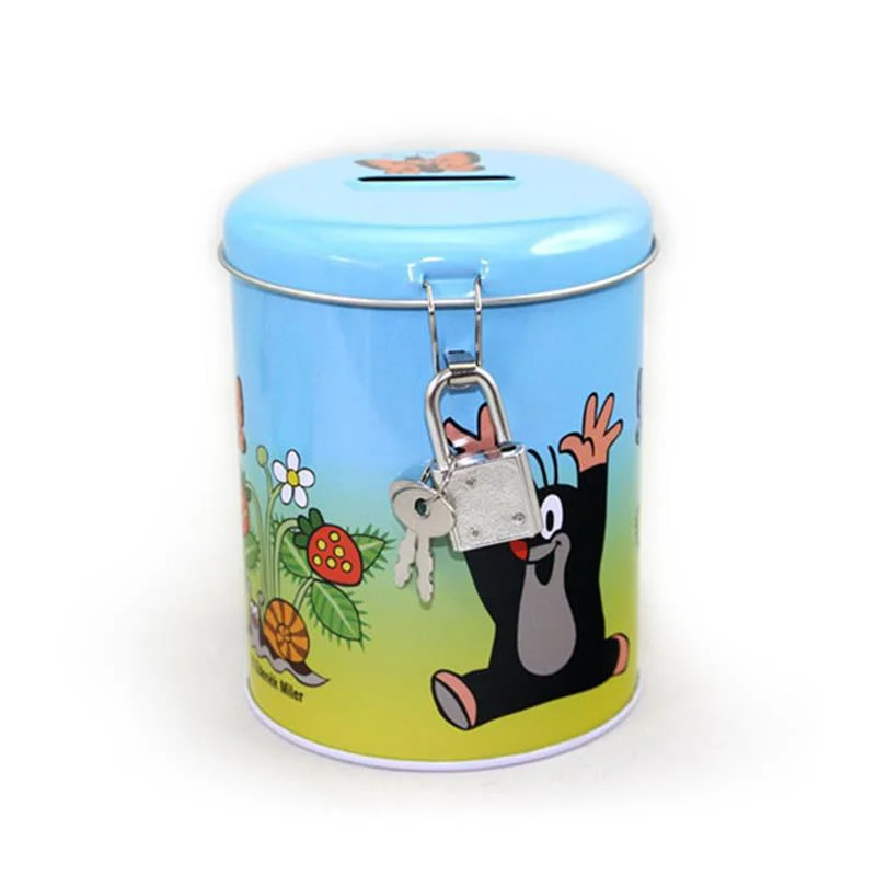 Custom Round Cartoon Money Saving Tin Box Metal Coin Bank with Lock