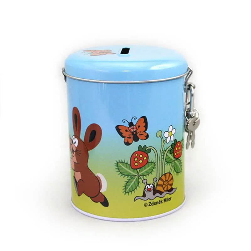 Custom Round Cartoon Money Saving Tin Box Metal Coin Bank with Lock